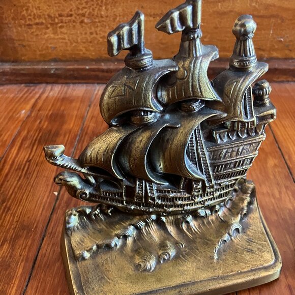 Vintage BOOK ENDS Philadelphia Mfg. Co. Cast Iron w/ Bronzed Finish Sailing Ship - Picture 7 of 12